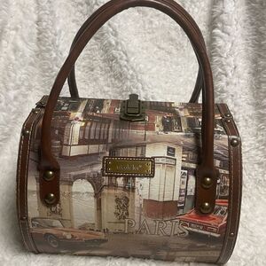 Nicole Lee  Paris Brown Architectural Medium Satchel bag brown synthetic straps.